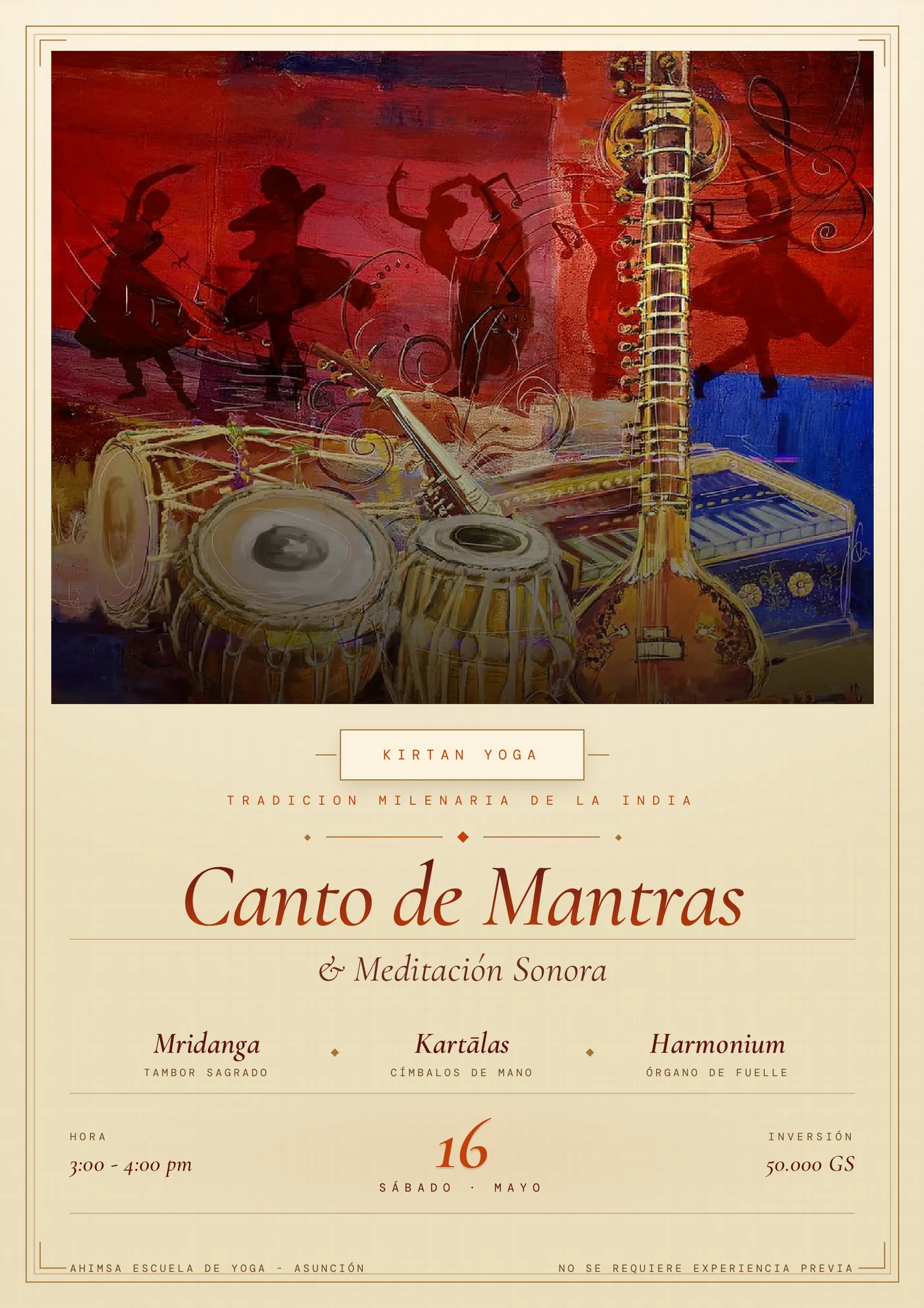 Kirtan Yoga flyer — Canto de Mantras y Meditación Sonora, Ahimsa Escuela de Yoga, Asunción